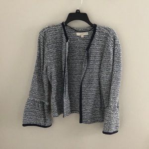 Navy and white tweed bell sleeve blazer